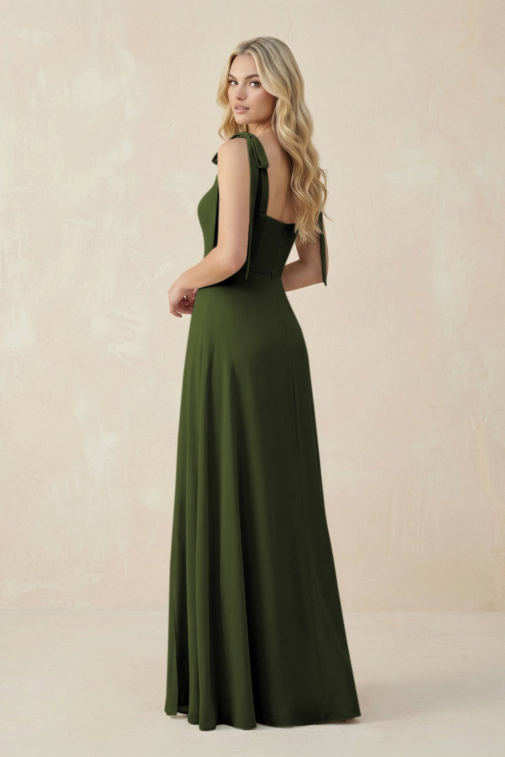 Square Neck Chiffon A - Line Bridesmaid Dress With Bow in Olive - KISS BRIDAL Bridesmaid Dresses