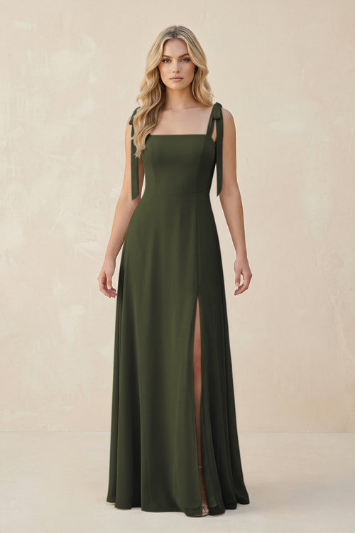 Square Neck Chiffon A-Line Bridesmaid Dress With Bow in Olive | KISSBRIDAL