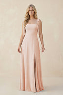 Square Neck Chiffon A - Line Bridesmaid Dress With Bow in Pale Blush - SHE IS ME Bridesmaid Dresses