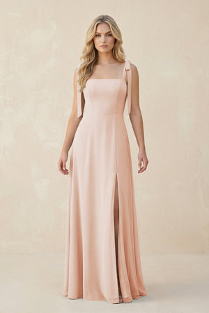 Square Neck Chiffon A - Line Bridesmaid Dress With Bow in Pale Blush - SHE IS ME Bridesmaid Dresses