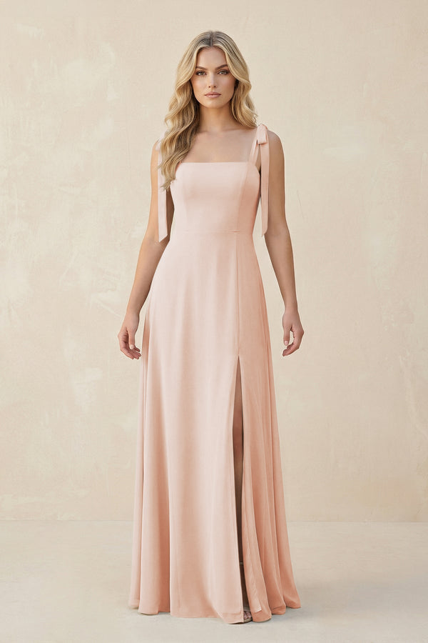 Square Neck Chiffon A - Line Bridesmaid Dress With Bow in Pale Blush - SHE IS ME Bridesmaid Dresses