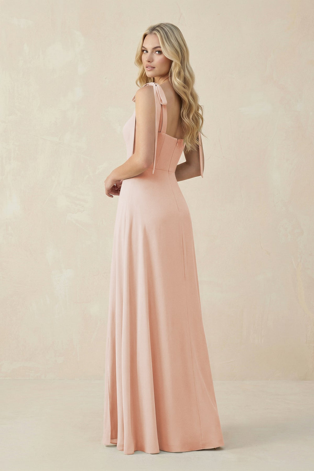 Square Neck Chiffon A - Line Bridesmaid Dress With Bow in Pale Blush - KISS BRIDAL Bridesmaid Dresses