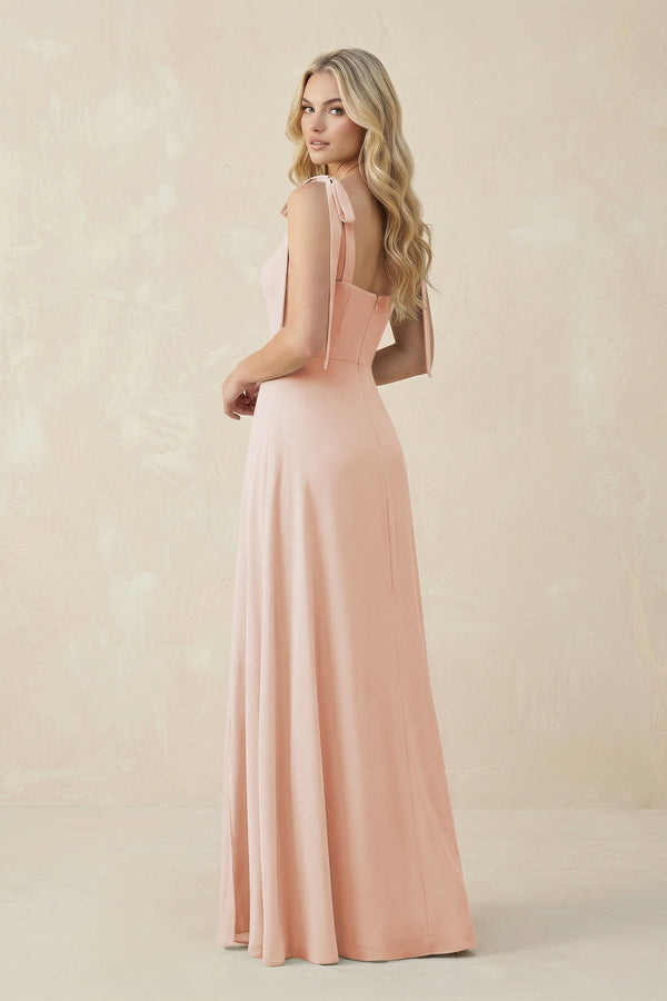 Square Neck Chiffon A - Line Bridesmaid Dress With Bow in Pale Blush - SHE IS ME Bridesmaid Dresses