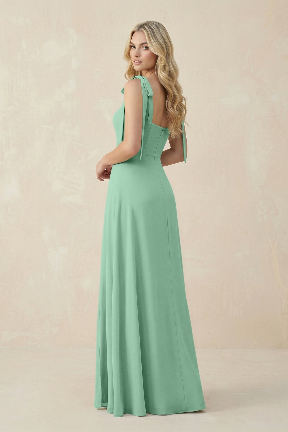 Square Neck Chiffon A - Line Bridesmaid Dress With Bow in Pale Pistachio - KISS BRIDAL Bridesmaid Dresses