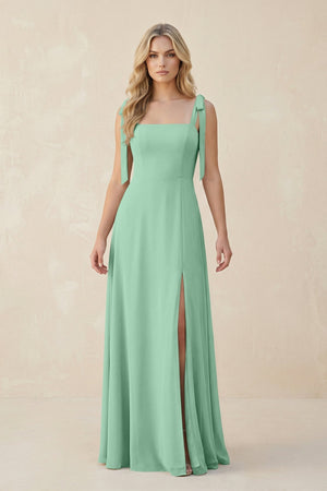 Square Neck Chiffon A - Line Bridesmaid Dress With Bow in Pale Pistachio - SHE IS ME Bridesmaid Dresses