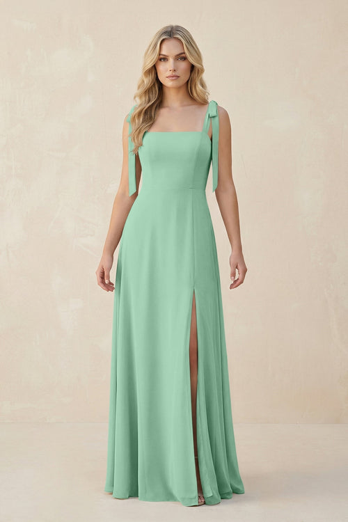 Square Neck Chiffon A - Line Bridesmaid Dress With Bow in Pale Pistachio - SHE IS ME Bridesmaid Dresses