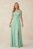 Square Neck Chiffon A-Line Bridesmaid Dress With Bow in Pale Pistachio | KISSBRIDAL