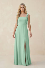 Square Neck Chiffon A-Line Bridesmaid Dress With Bow in Pale Pistachio | KISSBRIDAL