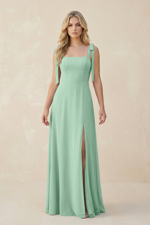 Square Neck Chiffon A-Line Bridesmaid Dress With Bow in Pale Pistachio | KISSBRIDAL