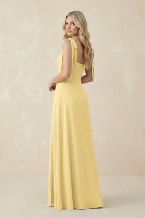 Square Neck Chiffon A - Line Bridesmaid Dress With Bow in Pastel Yellow - SHE IS ME Bridesmaid Dresses