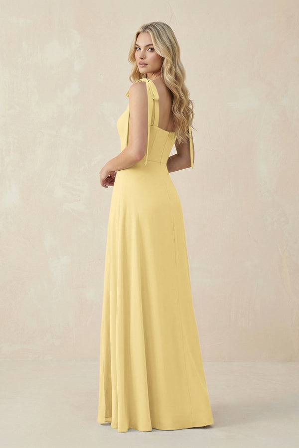 Square Neck Chiffon A - Line Bridesmaid Dress With Bow in Pastel Yellow - SHE IS ME Bridesmaid Dresses