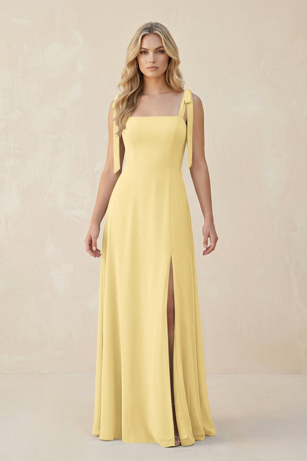 Square Neck Chiffon A - Line Bridesmaid Dress With Bow in Pastel Yellow - KISS BRIDAL Bridesmaid Dresses