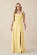Square Neck Chiffon A - Line Bridesmaid Dress With Bow in Pastel Yellow - SHE IS ME Bridesmaid Dresses