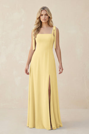 Square Neck Chiffon A - Line Bridesmaid Dress With Bow in Pastel Yellow - SHE IS ME Bridesmaid Dresses