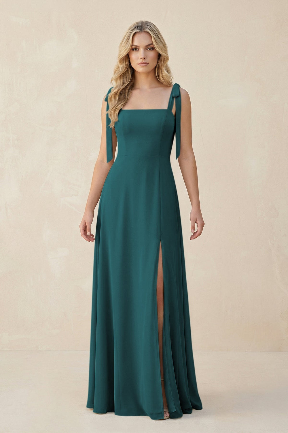 Square Neck Chiffon A - Line Bridesmaid Dress With Bow in Pine - KISS BRIDAL Bridesmaid Dresses