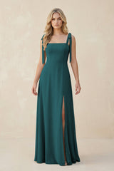 Square Neck Chiffon A - Line Bridesmaid Dress With Bow in Pine - KISS BRIDAL Bridesmaid Dresses