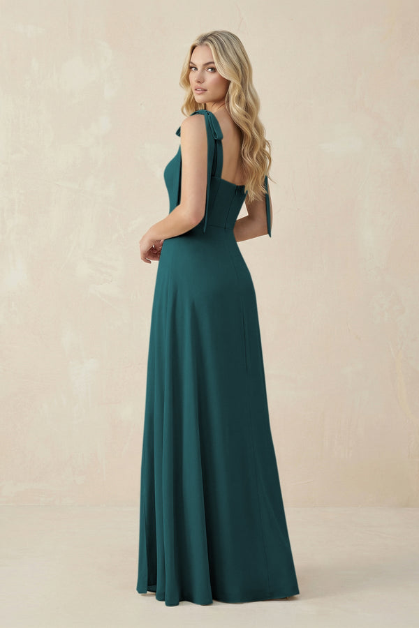 Square Neck Chiffon A - Line Bridesmaid Dress With Bow in Pine - SHE IS ME Bridesmaid Dresses