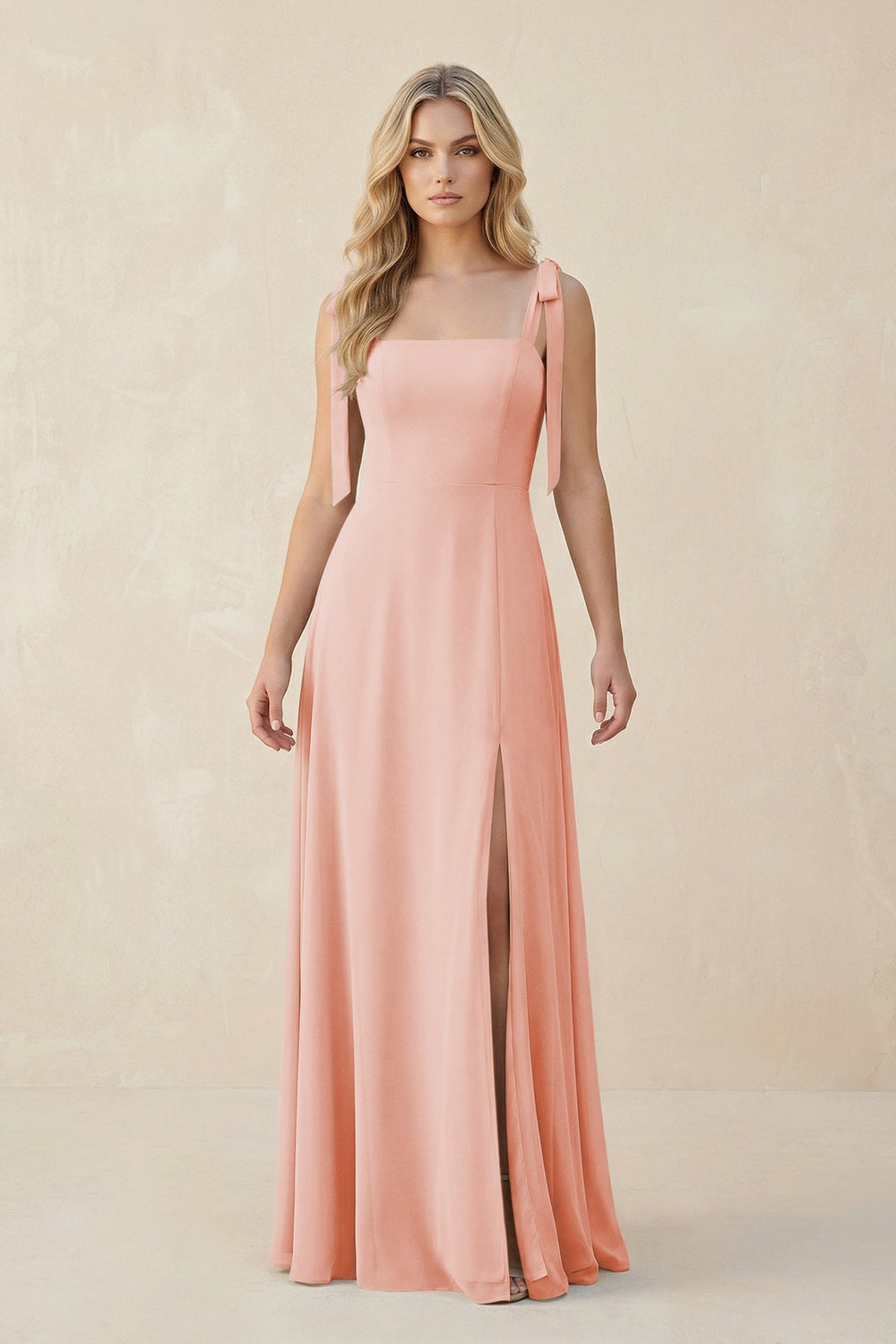 Square Neck Chiffon A - Line Bridesmaid Dress With Bow in Rose Petal - KISS BRIDAL Bridesmaid Dresses