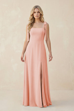 Square Neck Chiffon A - Line Bridesmaid Dress With Bow in Rose Petal - SHE IS ME Bridesmaid Dresses