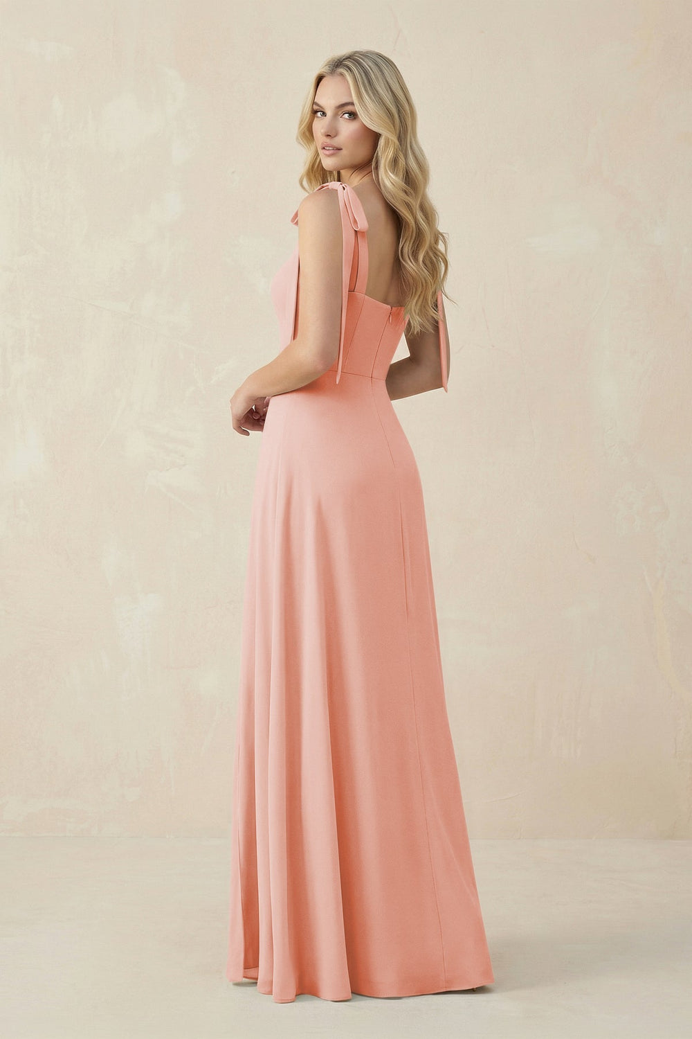 Square Neck Chiffon A - Line Bridesmaid Dress With Bow in Rose Petal - KISS BRIDAL Bridesmaid Dresses