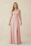 Square Neck Chiffon A-Line Bridesmaid Dress With Bow in Rose Petal | KISSBRIDAL