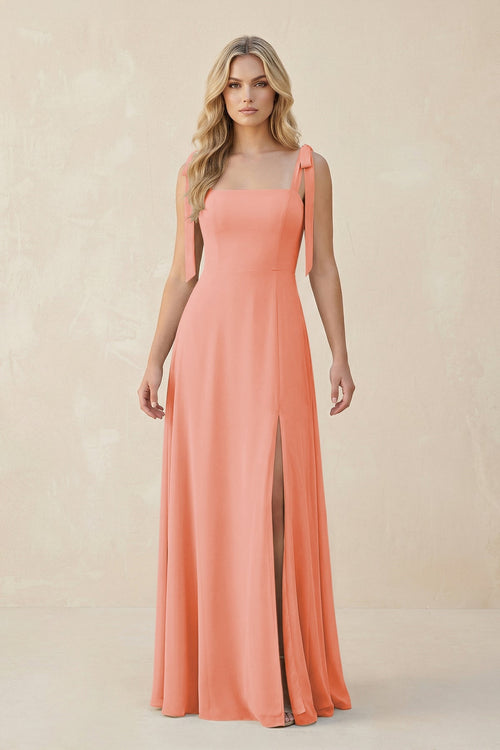 Square Neck Chiffon A - Line Bridesmaid Dress With Bow in Rosette - SHE IS ME Bridesmaid Dresses