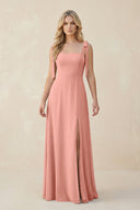 Square Neck Chiffon A-Line Bridesmaid Dress With Bow in Rosette | KISSBRIDAL