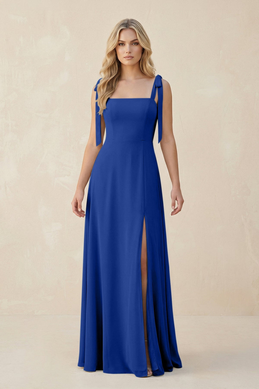 Square Neck Chiffon A - Line Bridesmaid Dress With Bow in Royal Blue - KISS BRIDAL Bridesmaid Dresses