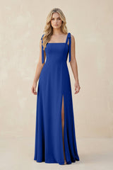 Square Neck Chiffon A - Line Bridesmaid Dress With Bow in Royal Blue - KISS BRIDAL Bridesmaid Dresses