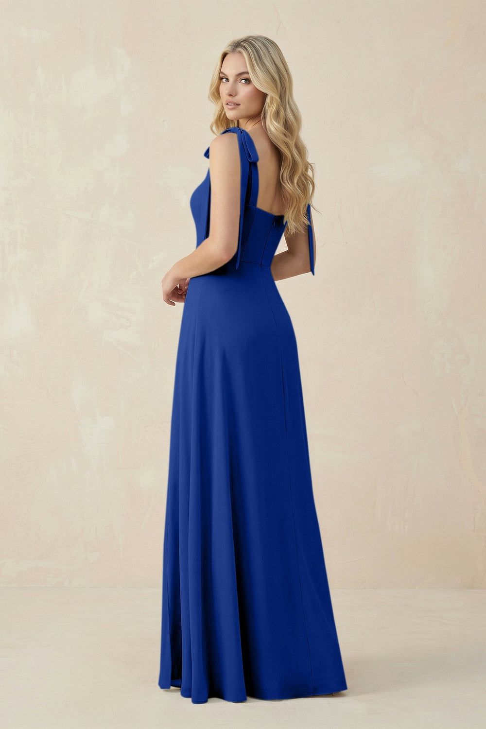 Square Neck Chiffon A - Line Bridesmaid Dress With Bow in Royal Blue - KISS BRIDAL Bridesmaid Dresses