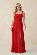 Square Neck Chiffon A - Line Bridesmaid Dress With Bow in Ruby Red - SHE IS ME Bridesmaid Dresses