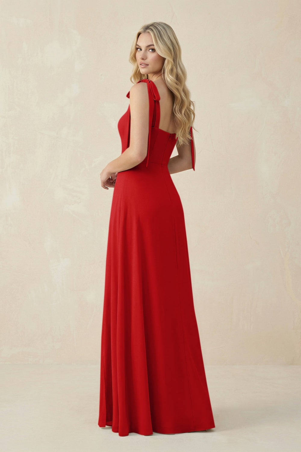 Square Neck Chiffon A - Line Bridesmaid Dress With Bow in Ruby Red - KISS BRIDAL Bridesmaid Dresses