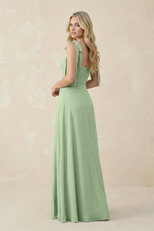 Square Neck Chiffon A - Line Bridesmaid Dress With Bow in Sage - SHE IS ME Bridesmaid Dresses