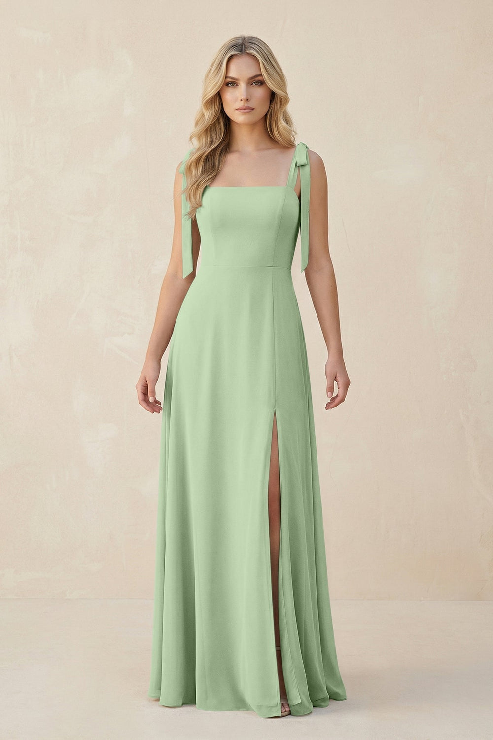 Square Neck Chiffon A - Line Bridesmaid Dress With Bow in Sage - KISS BRIDAL Bridesmaid Dresses