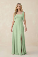 Square Neck Chiffon A - Line Bridesmaid Dress With Bow in Sage - SHE IS ME Bridesmaid Dresses