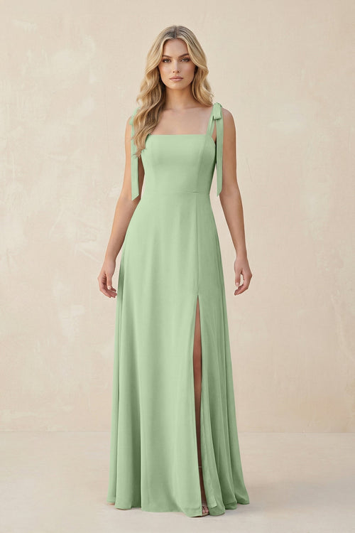Square Neck Chiffon A - Line Bridesmaid Dress With Bow in Sage - SHE IS ME Bridesmaid Dresses