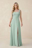 Square Neck Chiffon A-Line Bridesmaid Dress With Bow in Sage | KISSBRIDAL