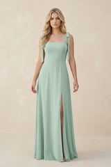 Square Neck Chiffon A-Line Bridesmaid Dress With Bow in Sage | KISSBRIDAL