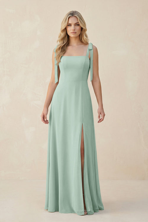 Square Neck Chiffon A-Line Bridesmaid Dress With Bow in Sage | KISSBRIDAL