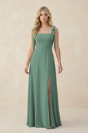 Square Neck Chiffon A-Line Bridesmaid Dress With Bow in Sea Glass | KISSBRIDAL