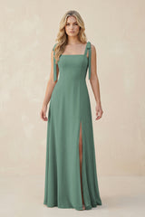 Square Neck Chiffon A-Line Bridesmaid Dress With Bow in Sea Glass | KISSBRIDAL