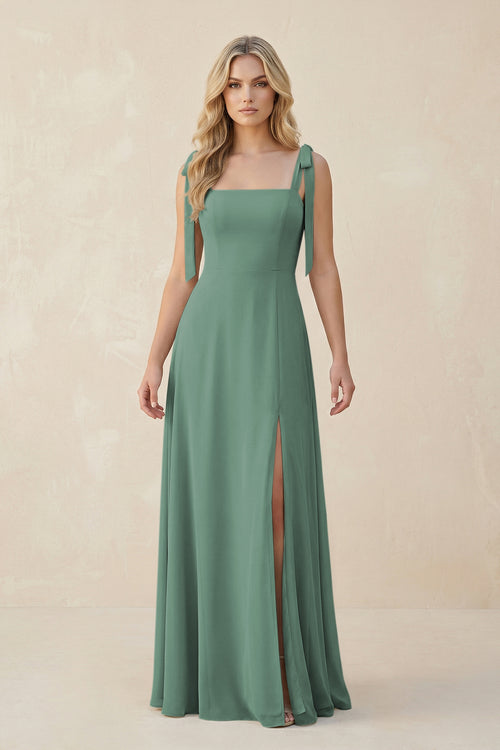 Square Neck Chiffon A-Line Bridesmaid Dress With Bow in Sea Glass | KISSBRIDAL