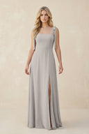 Square Neck Chiffon A - Line Bridesmaid Dress With Bow in Silver - SHE IS ME Bridesmaid Dresses