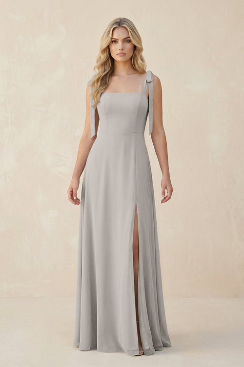 Square Neck Chiffon A - Line Bridesmaid Dress With Bow in Silver - SHE IS ME Bridesmaid Dresses