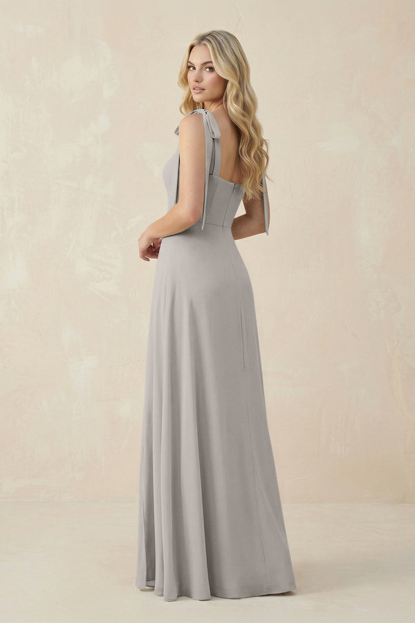 Square Neck Chiffon A - Line Bridesmaid Dress With Bow in Silver - SHE IS ME Bridesmaid Dresses