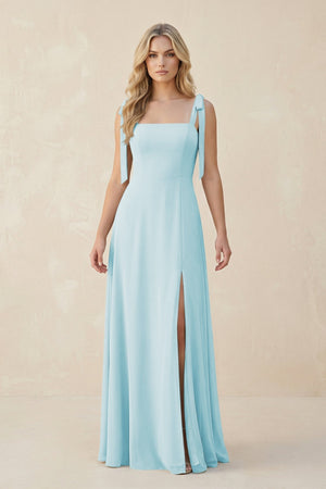 Square Neck Chiffon A - Line Bridesmaid Dress With Bow in Sky Blue - SHE IS ME Bridesmaid Dresses