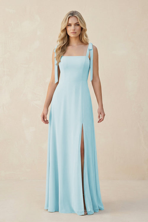 Square Neck Chiffon A - Line Bridesmaid Dress With Bow in Sky Blue - SHE IS ME Bridesmaid Dresses
