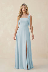 Square Neck Chiffon A-Line Bridesmaid Dress With Bow in Sky Blue | KISSBRIDAL