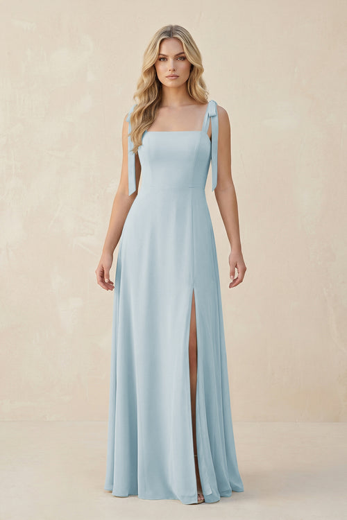Square Neck Chiffon A-Line Bridesmaid Dress With Bow in Sky Blue | KISSBRIDAL
