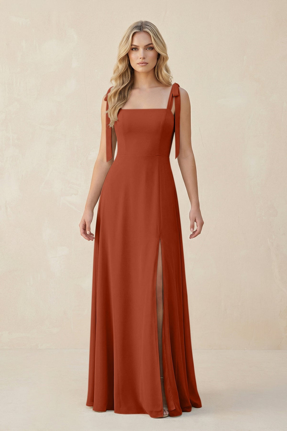Square Neck Chiffon A - Line Bridesmaid Dress With Bow in Spice - KISS BRIDAL Bridesmaid Dresses